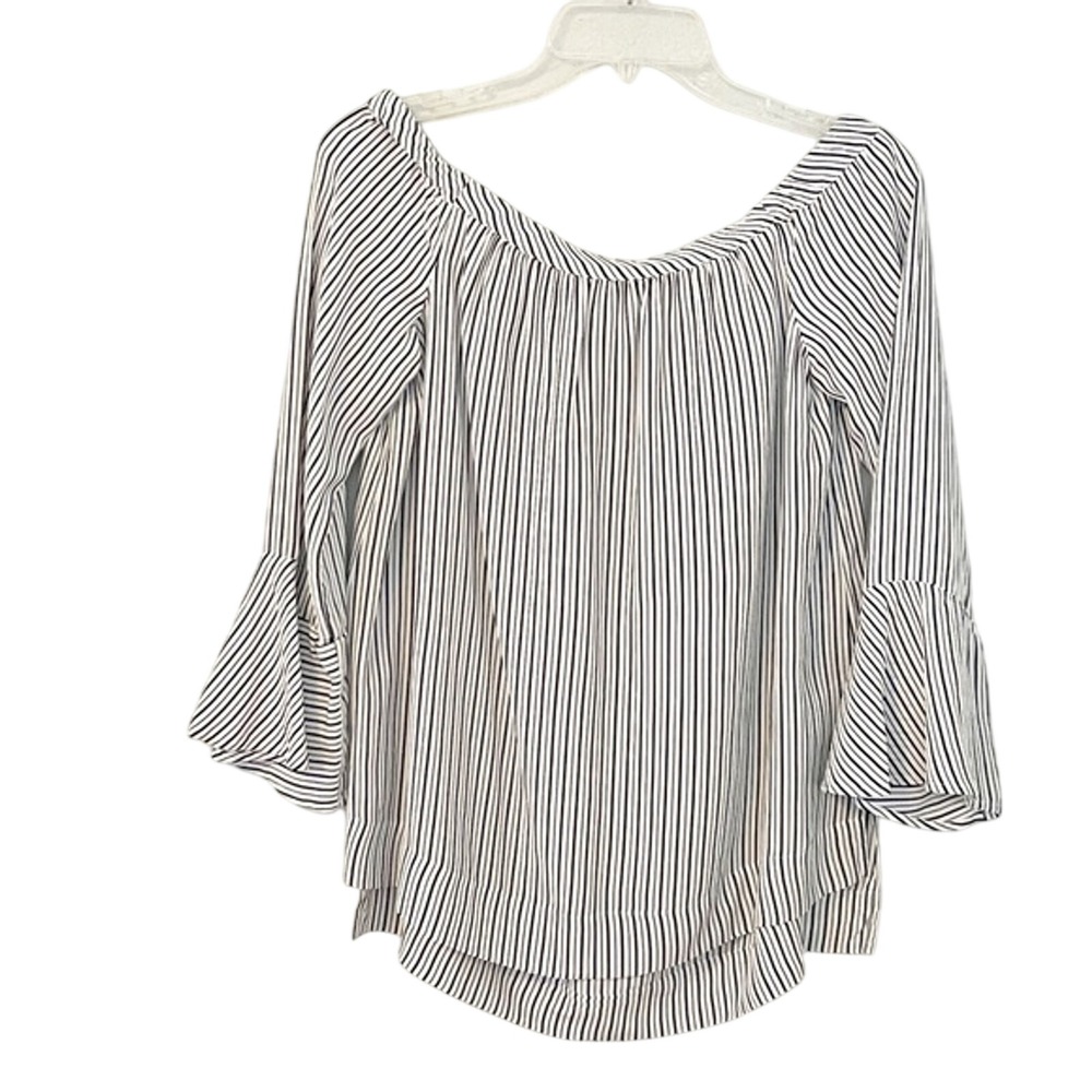 Joie 100% Silk Striped Off The Shoulder Bell Sleeve Blouse Small Black White